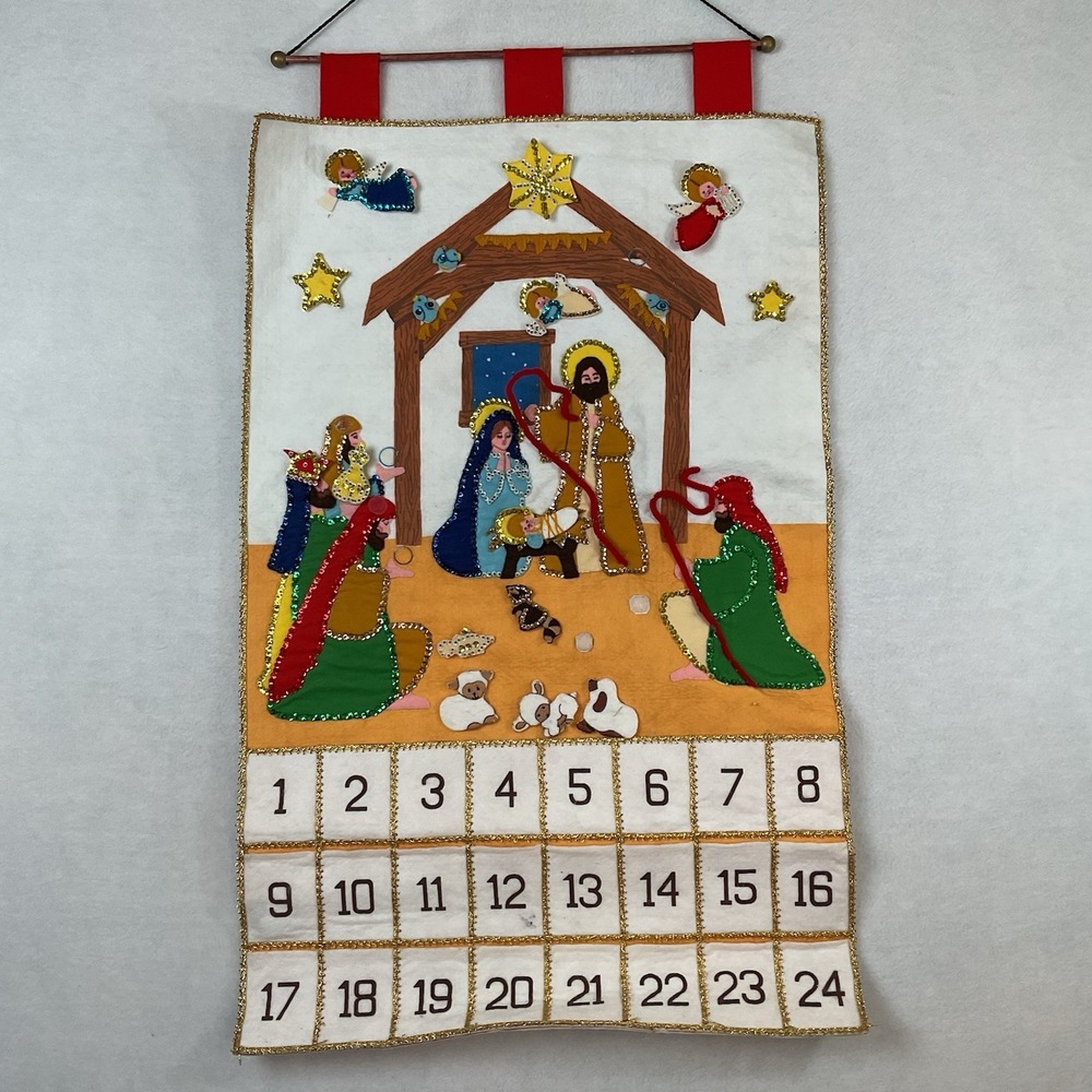 Christmas Advent Calendar Felt Sequins Handmade Wall Hanging Incomplete READ